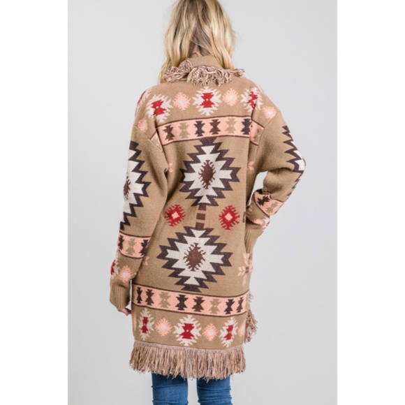 SOLD OUT Taupe Western Native Tribal Aztec Boho Fringe Knit Open Cardigan - Picture 3 of 3